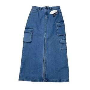 Scoop Women's Denim Cargo Maxi Skirt Women's Size 6 Front Slit Y2K Style Pockets